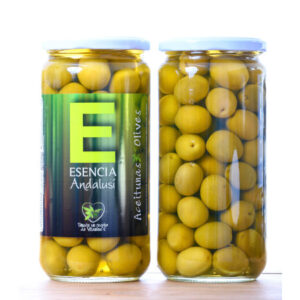 Aceitunas Manzanilla Extra con hueso Sabor Anchoa 700 gr en tarro de cristal Esencia Andalusí