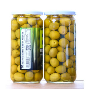 Aceitunas Manzanilla Extra con hueso Sabor Anchoa 700 gr en tarro de cristal Esencia Andalusí