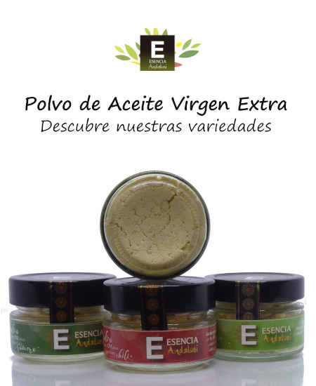 Variedades Polvo de Aceite de Oliva Virgen Extra 50gr en tarro de cristal Esencia Andalusí