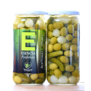 Cocktail de Aceitunas y Encurtidos Sabor Anchoa 700 gr en tarro de cristal Esencia Andalusí