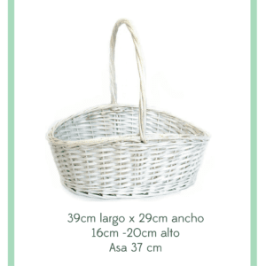 ● Cesta de Mimbre Blanca con Asa, || Medidas: 39 x 29 x 37.